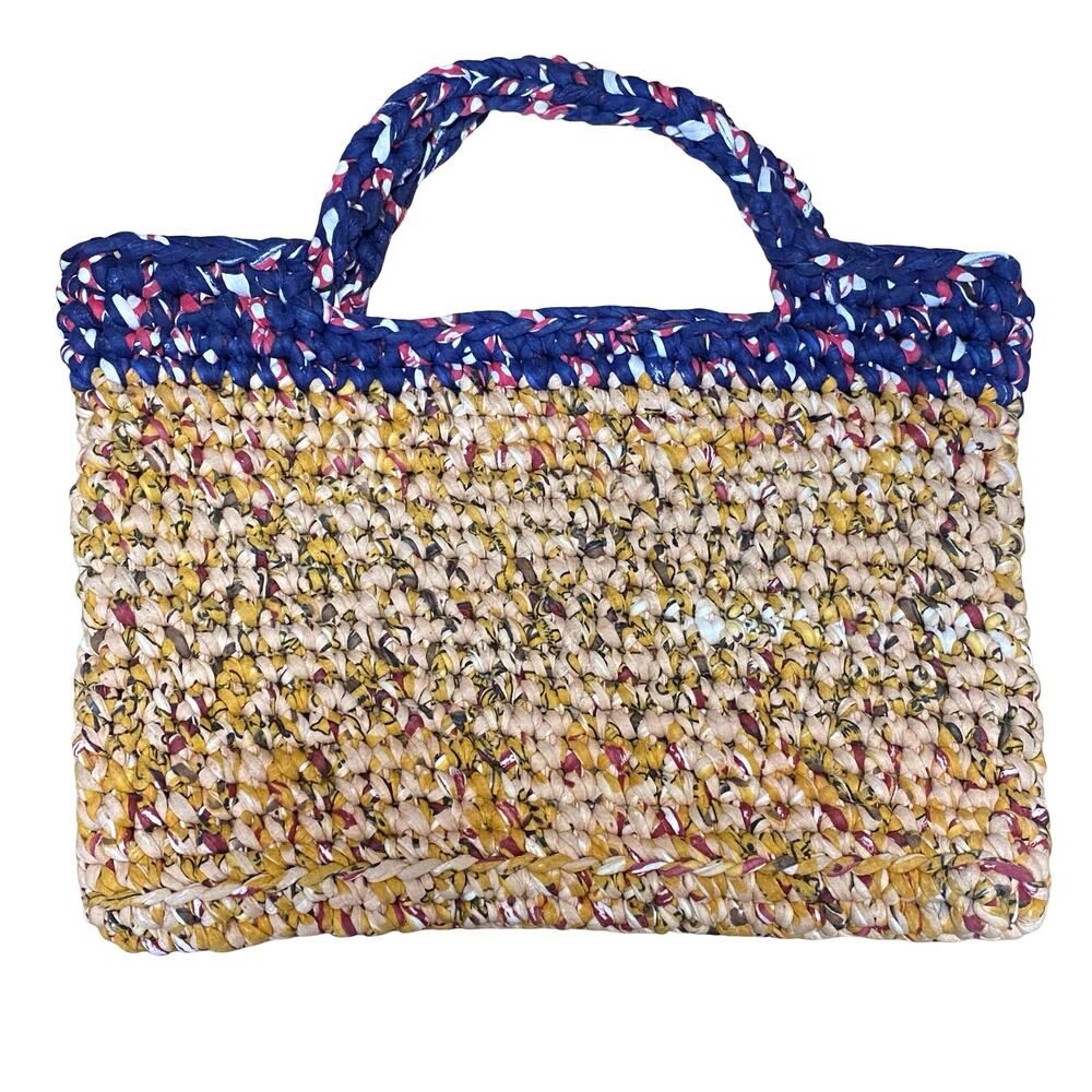 Women's Yellow Blue Handcrafted Crochet Fabric Strips Tote Bag Handbag Size OS